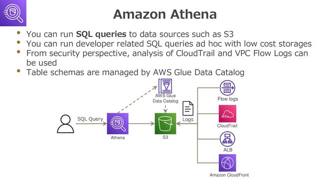 Amazon Athena
• You can run SQL queries to data sources such as S3
• You can run developer related SQL queries ad hoc with low cost storages
• From security perspective, analysis of CloudTrail and VPC Flow Logs can
be used
• Table schemas are managed by AWS Glue Data Catalog
Flow logs
CloudTrail
ALB
Amazon CloudFront
S3
Athena
Logs
SQL Query
AWS Glue
Data Catalog
