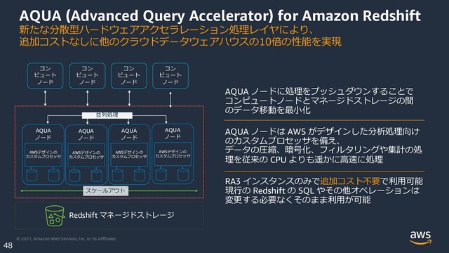 © 2021, Amazon Web Services, Inc. or its Affiliates.
48
AQUA (Advanced Query Accelerator) for Amazon Redshift
新たな分散型ハードウェアアクセラレーション処理レイヤにより、
追加コストなしに他のクラウドデータウェアハウスの10倍の性能を実現
コン
ピュート
ノード
コン
ピュート
ノード
コン
ピュート
ノード
コン
ピュート
ノード
AQUA
ノード
AWSデザインの
カスタムプロセッサ
AQUA
ノード
AWSデザインの
カスタムプロセッサ
AQUA
ノード
AWSデザインの
カスタムプロセッサ
AQUA
ノード
AWSデザインの
カスタムプロセッサ
並列処理
AQUA ノードに処理をプッシュダウンすることで
コンピュートノードとマネージドストレージの間
のデータ移動を最⼩化
AQUA ノードは AWS がデザインした分析処理向け
のカスタムプロセッサを備え、
データの圧縮、暗号化、フィルタリングや集計の処
理を従来の CPU よりも遥かに⾼速に処理
RA3 インスタンスのみで追加コスト不要で利⽤可能
現⾏の Redshift の SQL やその他オペレーションは
変更する必要なくそのまま利⽤が可能
Redshift マネージドストレージ
スケールアウト
