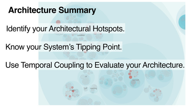Architecture Summary
Identify your Architectural Hotspots.
Know your System’s Tipping Point.
Use Temporal Coupling to Evaluate your Architecture.
