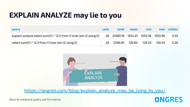 How to measure query performance
EXPLAIN ANALYZE may lie to you
https://ongres.com/blog/explain_analyze_may_be_lying_to_you/
