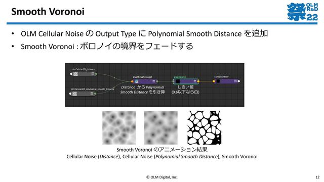 Smooth Voronoi
• OLM Cellular Noise の Output Type に Polynomial Smooth Distance を追加
• Smooth Voronoi : ボロノイの境界をフェードする
© OLM Digital, Inc. 12
Distance から Polynomial
Smooth Distance を引き算
しきい値
(0.6以下なら白)
Smooth Voronoi のアニメーション結果
Cellular Noise (Distance), Cellular Noise (Polynomial Smooth Distance), Smooth Voronoi
