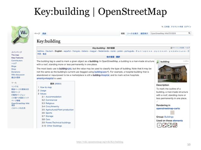 10
https://wiki.openstreetmap.org/wiki/Key:building
Key:building | OpenStreetMap
