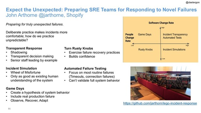 11
Expect the Unexpected: Preparing SRE Teams for Responding to Novel Failures
John Arthorne @jarthorne, Shopify
Preparing for truly unexpected failures.
Deliberate practice makes incidents more
comfortable; how do we practice
unpredictable?
Transparent Response
• Shadowing
• Transparent decision making
• Senior staff leading by example
Incident Simulation
• Wheel of Misfortune
• Only as good as existing human
understanding of the system
Game Days
• Create a hypothesis of system behavior
• Include real production failure
• Observe, Recover, Adapt
Turn Rusty Knobs
• Exercise failure recovery practices
• Builds confidence
Automated Failure Testing
• Focus on most routine failures
(Timeouts, connection failures)
• Can’t validate full system behavior
https://github.com/jarthorn/lego-incident-response
@dastergon

