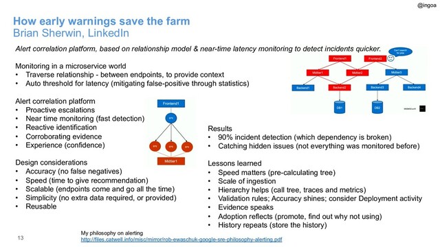 13
How early warnings save the farm
Brian Sherwin, LinkedIn
Alert correlation platform, based on relationship model & near-time latency monitoring to detect incidents quicker.
Monitoring in a microservice world
• Traverse relationship - between endpoints, to provide context
• Auto threshold for latency (mitigating false-positive through statistics)
Alert correlation platform
• Proactive escalations
• Near time monitoring (fast detection)
• Reactive identification
• Corroborating evidence
• Experience (confidence)
Design considerations
• Accuracy (no false negatives)
• Speed (time to give recommendation)
• Scalable (endpoints come and go all the time)
• Simplicity (no extra data required, or provided)
• Reusable
My philosophy on alerting
http://files.catwell.info/misc/mirror/rob-ewaschuk-google-sre-philosophy-alerting.pdf
Results
• 90% incident detection (which dependency is broken)
• Catching hidden issues (not everything was monitored before)
Lessons learned
• Speed matters (pre-calculating tree)
• Scale of ingestion
• Hierarchy helps (call tree, traces and metrics)
• Validation rules; Accuracy shines; consider Deployment activity
• Evidence speaks
• Adoption reflects (promote, find out why not using)
• History repeats (store the history)
@ingoa
