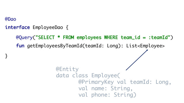 @Dao
interface EmployeeDao {
@Query("SELECT * FROM employees WHERE team_id = :teamId")
fun getEmployeesByTeamId(teamId: Long): List
}
@Entity
data class Employee(
@PrimaryKey val teamId: Long,
val name: String,
val phone: String)
