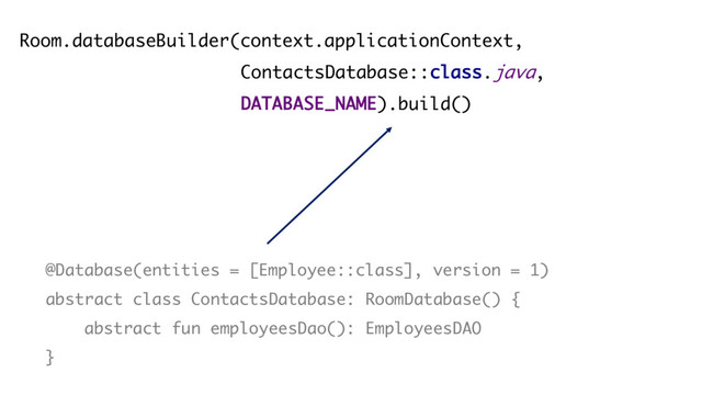 Room.databaseBuilder(context.applicationContext,
ContactsDatabase::class.java,
DATABASE_NAME).build()
@Database(entities = [Employee::class], version = 1)
abstract class ContactsDatabase: RoomDatabase() {
abstract fun employeesDao(): EmployeesDAO
}
