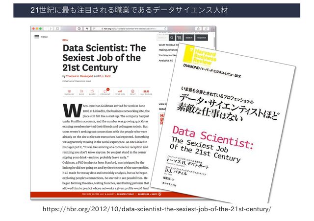 21世紀に最も注⽬される職業であるデータサイエンス⼈材
https://hbr.org/2012/10/data-scientist-the-sexiest-job-of-the-21st-century/
