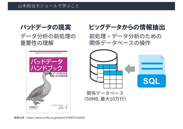 ⼭本担当モジュールで学ぶこと
画像出典：https://www.oreilly.co.jp/books/9784873116402/
関係データベース
（50MB, 最⼤10万⾏）
SQL
前処理・データ分析のための
関係データベースの操作
ビッグデータからの情報抽出
バッドデータの現実
データ分析の前処理の
重要性の理解

