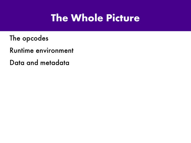 The Whole Picture
The opcodes
Runtime environment
Data and metadata
