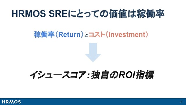 27
HRMOS SREにとっての価値は稼働率
稼働率（Return）とコスト（Investment）
イシュースコア：独自のROI指標

