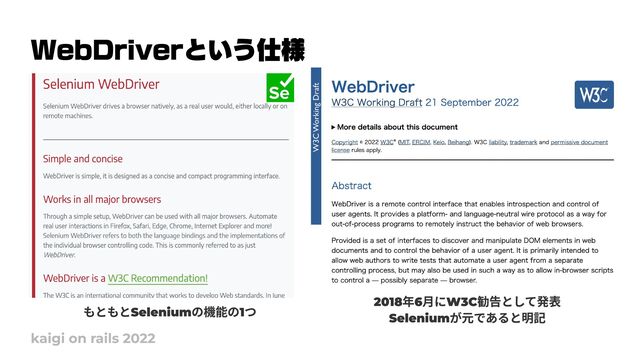 WebDriverという仕様
kaigi on rails 2022
もともとSeleniumの機能の1つ 2018年6月にW3C勧告として発表

Seleniumが元であると明記
