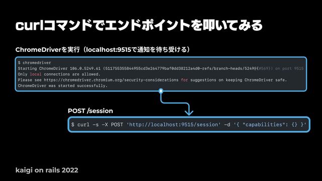 curlコマンドでエンドポイントを叩いてみる
kaigi on rails 2022
ChromeDriverを実行（localhost:9515で通知を待ち受ける）
POST /session
