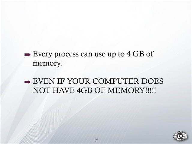 ➡ Every process can use up to 4 GB of
memory.
➡ EVEN IF YOUR COMPUTER DOES
NOT HAVE 4GB OF MEMORY!!!!!
14
