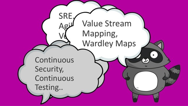 SRE… DevOps…
Agile... Lean…
Velocity…
Serverless,
Kubernetes,
Cloud Native…
Value Stream
Mapping,
Wardley Maps
Continuous
Security,
Continuous
Testing..
