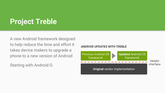 Project Treble
A new Android framework designed
to help reduce the time and effort it
takes device makers to upgrade a
phone to a new version of Android
Starting with Android O.
