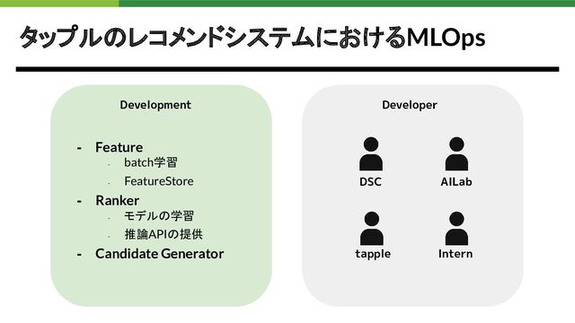 タップルのレコメンドシステムにおけるMLOps
- Feature
-
batch学習
-
FeatureStore
- Ranker
-
モデルの学習
-
推論APIの提供
- Candidate Generator
Development Developer
DSC AILab
tapple Intern
