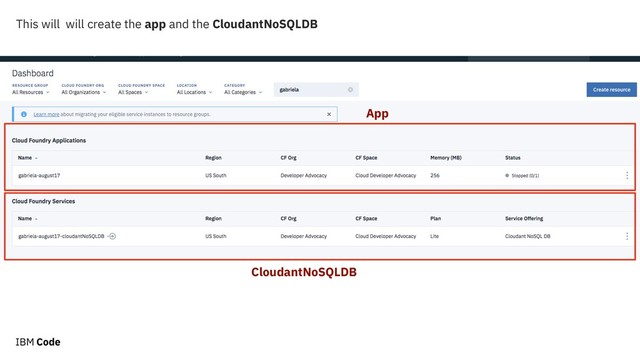 This will will create the app and the CloudantNoSQLDB
App
CloudantNoSQLDB
