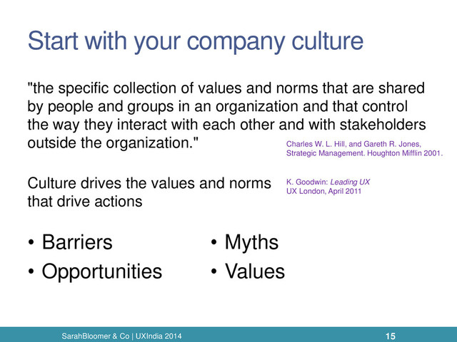 Start with your company culture
"the specific collection of values and norms that are shared
by people and groups in an organization and that control
the way they interact with each other and with stakeholders
outside the organization."
SarahBloomer & Co | UXIndia 2014
Charles W. L. Hill, and Gareth R. Jones,
Strategic Management. Houghton Mifflin 2001.
• Myths
• Values
• Barriers
• Opportunities
15
Culture drives the values and norms
that drive actions
K. Goodwin: Leading UX
UX London, April 2011
