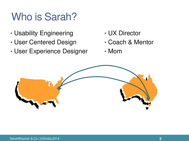 Who is Sarah?
SarahBloomer & Co | UXIndia 2014
• Usability Engineering
• User Centered Design
• User Experience Designer
• UX Director
• Coach & Mentor
• Mom
3
