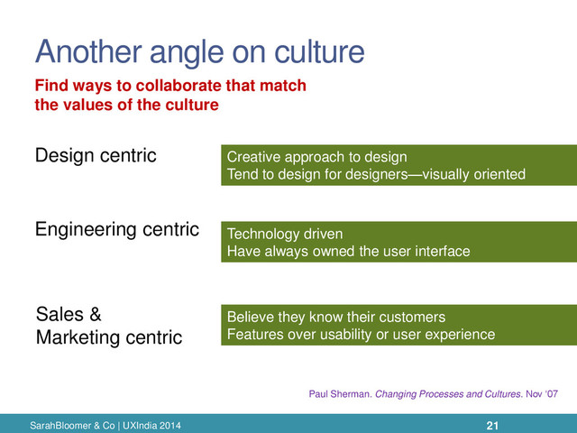 Another angle on culture
Design centric
Engineering centric
SarahBloomer & Co | UXIndia 2014
Paul Sherman. Changing Processes and Cultures. Nov ‘07
Creative approach to design
Tend to design for designers—visually oriented
Technology driven
Have always owned the user interface
Believe they know their customers
Features over usability or user experience
Sales &
Marketing centric
Find ways to collaborate that match
the values of the culture
21
