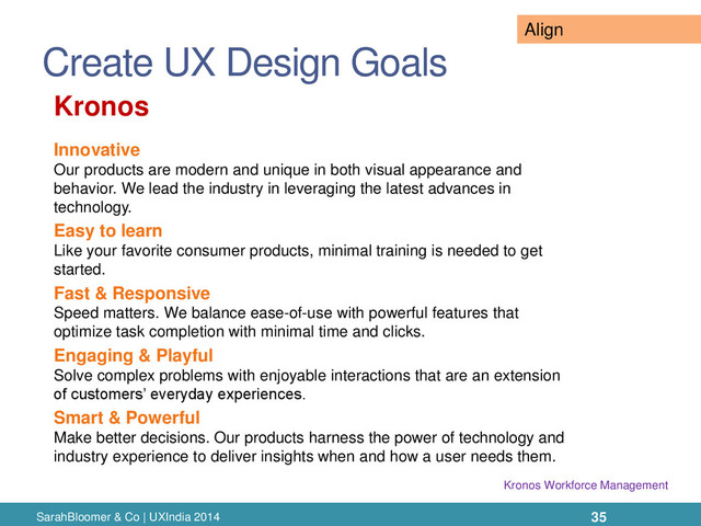 Create UX Design Goals
SarahBloomer & Co | UXIndia 2014
Kronos
Innovative
Our products are modern and unique in both visual appearance and
behavior. We lead the industry in leveraging the latest advances in
technology.
Easy to learn
Like your favorite consumer products, minimal training is needed to get
started.
Fast & Responsive
Speed matters. We balance ease-of-use with powerful features that
optimize task completion with minimal time and clicks.
Engaging & Playful
Solve complex problems with enjoyable interactions that are an extension
of customers’ everyday experiences.
Smart & Powerful
Make better decisions. Our products harness the power of technology and
industry experience to deliver insights when and how a user needs them.
35
Align
Kronos Workforce Management
