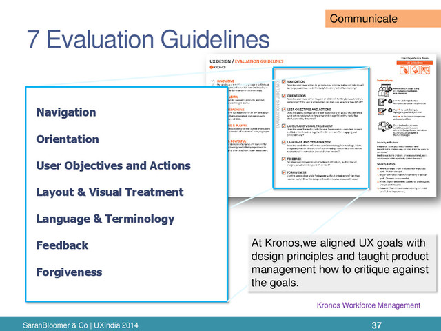 7 Evaluation Guidelines
SarahBloomer & Co | UXIndia 2014
User Objectives and Actions
Layout & Visual Treatment
Orientation
Language & Terminology
Feedback
Forgiveness
Navigation
At Kronos,we aligned UX goals with
design principles and taught product
management how to critique against
the goals.
37
Kronos Workforce Management
Communicate
