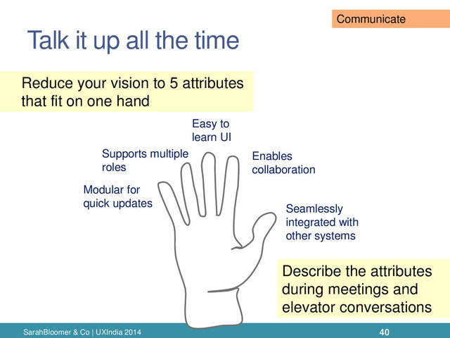Talk it up all the time
SarahBloomer & Co | UXIndia 2014
Reduce your vision to 5 attributes
that fit on one hand
Modular for
quick updates
Supports multiple
roles
Easy to
learn UI
Enables
collaboration
Seamlessly
integrated with
other systems
Describe the attributes
during meetings and
elevator conversations
40
Communicate
