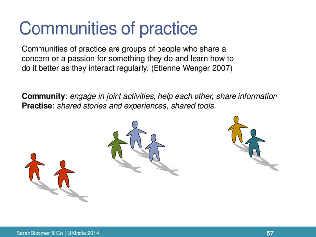 Communities of practice
SarahBloomer & Co | UXIndia 2014
Communities of practice are groups of people who share a
concern or a passion for something they do and learn how to
do it better as they interact regularly. (Etienne Wenger 2007)
Community: engage in joint activities, help each other, share information
Practise: shared stories and experiences, shared tools.
57
