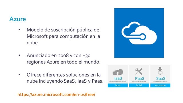 • Modelo de suscripción pública de
Microsoft para computación en la
nube.
• Anunciado en 2008 y con +30
regiones Azure en todo el mundo.
• Ofrece diferentes soluciones en la
nube incluyendo SaaS, IaaS y Paas.
Azure
https://azure.microsoft.com/en-us/free/
