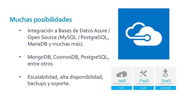 • Integración a Bases de Datos Azure /
Open Source (MySQL / PostgreSQL,
MariaDB y muchas más).
• MongoDB, CosmosDB, PostgreSQL,
entre otros.
• Escalabilidad, alta disponibilidad,
backups y soporte.
Muchas posibilidades
