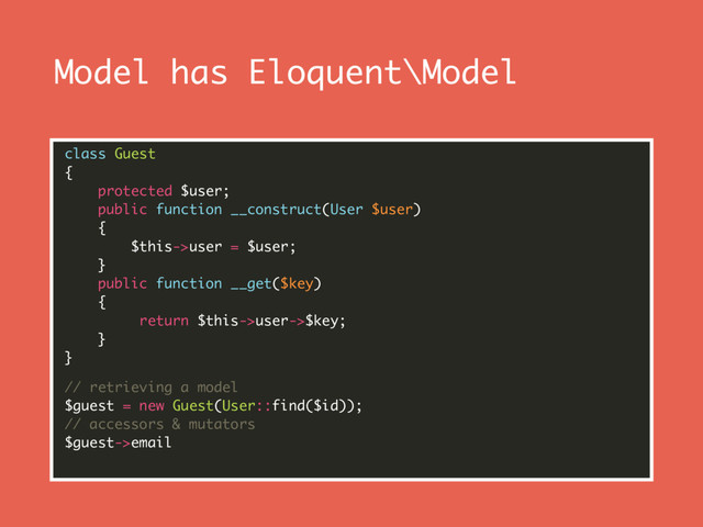 Model has Eloquent\Model
class Guest 
{ 
protected $user; 
public function __construct(User $user) 
{ 
$this->user = $user; 
} 
public function __get($key) 
{ 
return $this->user->$key; 
} 
}
// retrieving a model 
$guest = new Guest(User::find($id)); 
// accessors & mutators 
$guest->email 
