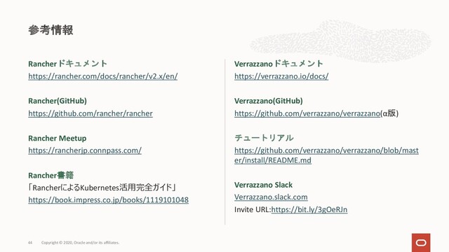 Rancherドキュメント
https://rancher.com/docs/rancher/v2.x/en/
Rancher(GitHub)
https://github.com/rancher/rancher
Rancher Meetup
https://rancherjp.connpass.com/
Rancher書籍
「RancherによるKubernetes活⽤完全ガイド」
https://book.impress.co.jp/books/1119101048
Verrazzanoドキュメント
https://verrazzano.io/docs/
Verrazzano(GitHub)
https://github.com/verrazzano/verrazzano(α版)
チュートリアル
https://github.com/verrazzano/verrazzano/blob/mast
er/install/README.md
Verrazzano Slack
Verrazzano.slack.com
Invite URL:https://bit.ly/3gOeRJn
参考情報
Copyright © 2020, Oracle and/or its affiliates.
44
