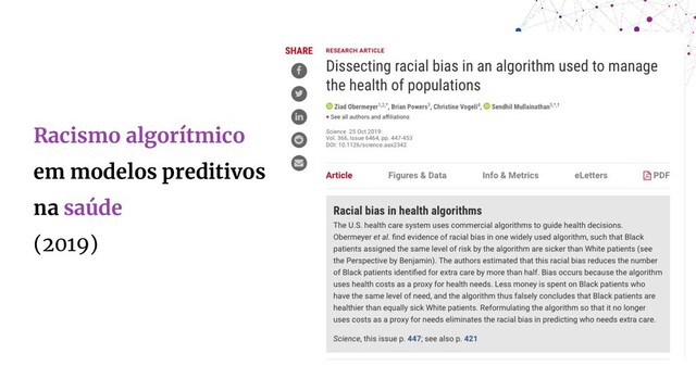Racismo algorítmico
em modelos preditivos
na saúde
(2019)
