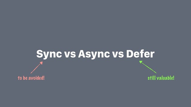 Sync vs Async vs Defer
still valuable!
to be avoided!
