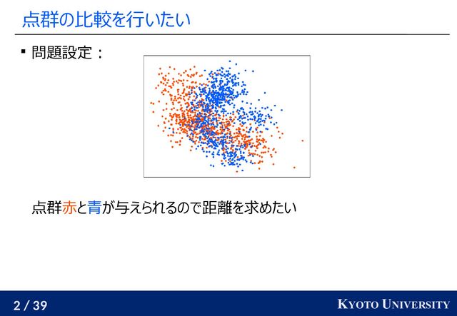 2 / 39 KYOTO UNIVERSITY
点群の比較を行いたい
 問題設定：
点群赤と青が与えられるので距離を求めたい
