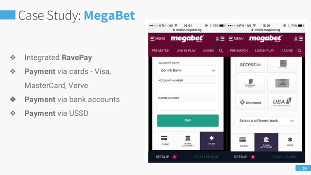 Case Study: MegaBet
24
❖ Integrated RavePay
❖ Payment via cards - Visa,
MasterCard, Verve
❖ Payment via bank accounts
❖ Payment via USSD
