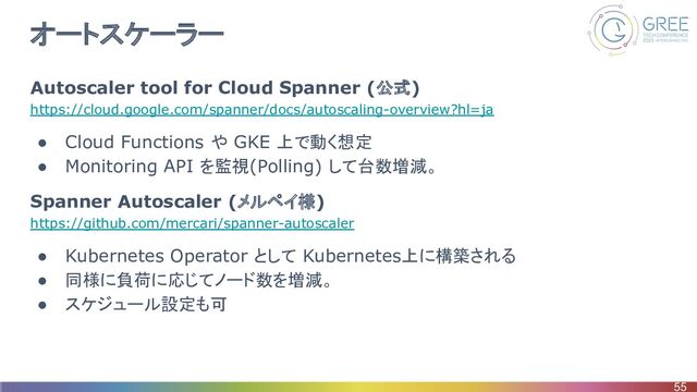 オートスケーラー
Autoscaler tool for Cloud Spanner (公式)
https://cloud.google.com/spanner/docs/autoscaling-overview?hl=ja
● Cloud Functions や GKE 上で動く想定
● Monitoring API を監視(Polling) して台数増減。
Spanner Autoscaler (メルペイ様)
https://github.com/mercari/spanner-autoscaler
● Kubernetes Operator として Kubernetes上に構築される
● 同様に負荷に応じてノード数を増減。
● スケジュール設定も可
55

