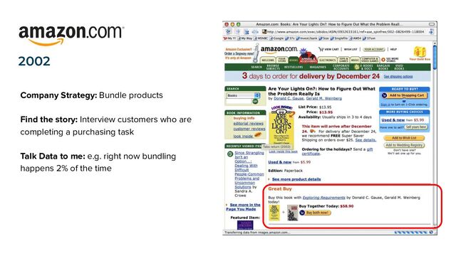 2002
Company Strategy: Bundle products
Find the story: Interview customers who are
completing a purchasing task
Talk Data to me: e.g. right now bundling
happens 2% of the time
