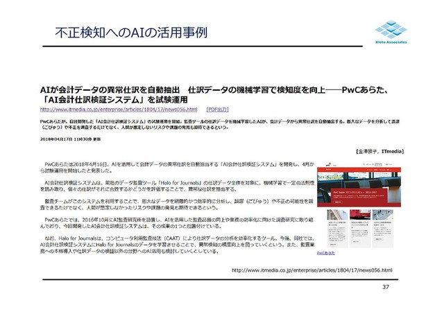 不正検知へのAIの活⽤事例
37
http://www.itmedia.co.jp/enterprise/articles/1804/17/news056.html
