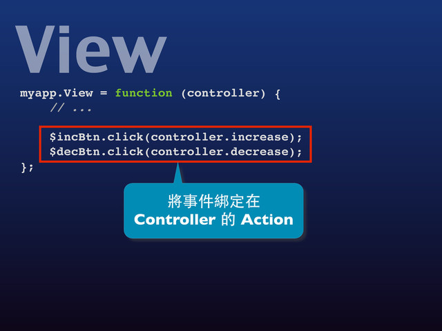 myapp.View = function (controller) {
// ...
$incBtn.click(controller.increase);
$decBtn.click(controller.decrease);
};
View
將事件綁定在
Controller 的 Action
