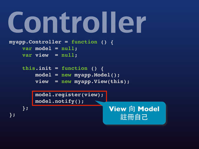 myapp.Controller = function () {
var model = null;
var view = null;
this.init = function () {
model = new myapp.Model();
view = new myapp.View(this);
model.register(view);
model.notify();
};
};
Controller
View 向 Model
註冊⾃自⼰己
