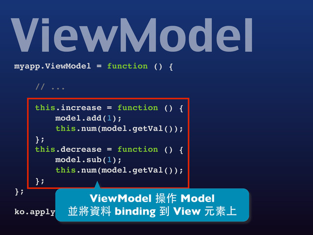myapp.ViewModel = function () {
// ...
this.increase = function () {
model.add(1);
this.num(model.getVal());
};
this.decrease = function () {
model.sub(1);
this.num(model.getVal());
};
};
ko.applyBindings(new myapp.ViewModel());
ViewModel
ViewModel 操作 Model
並將資料 binding 到 View 元素上

