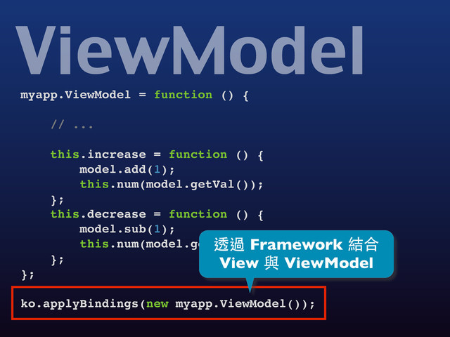 myapp.ViewModel = function () {
// ...
this.increase = function () {
model.add(1);
this.num(model.getVal());
};
this.decrease = function () {
model.sub(1);
this.num(model.getVal());
};
};
ko.applyBindings(new myapp.ViewModel());
ViewModel
透過 Framework 結合
View 與 ViewModel
