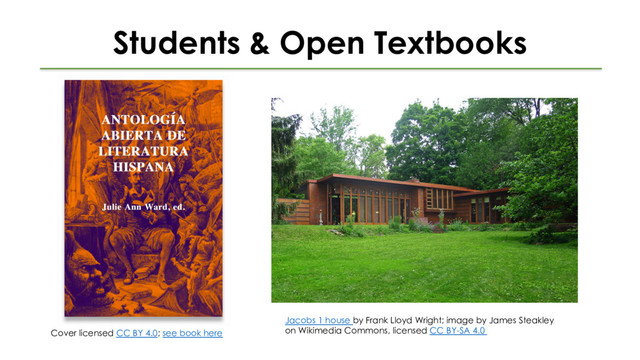 Students & Open Textbooks
Cover licensed CC BY 4.0; see book here
Jacobs 1 house by Frank Lloyd Wright; image by James Steakley
on Wikimedia Commons, licensed CC BY-SA 4.0
