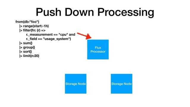 Push Down Processing
Flux
Processor
Storage Node Storage Node
from(db:"foo")
|> range(start:-1h)
|> ﬁlter(fn: (r) =>
r._measurement == "cpu" and
r._ﬁeld == "usage_system")
|> sum()
|> group()
|> sort()
|> limit(n:20)
