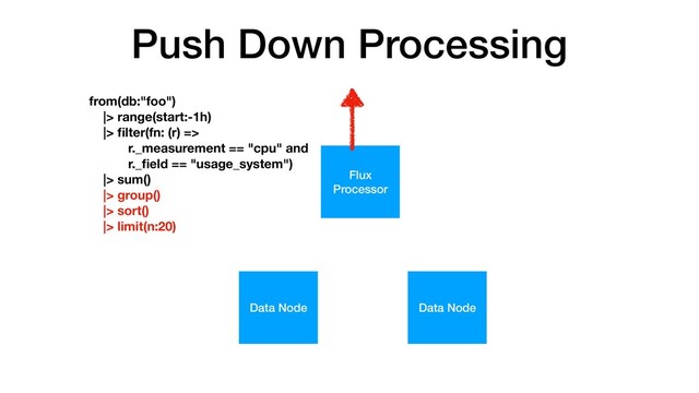 Push Down Processing
Flux
Processor
Data Node Data Node
from(db:"foo")
|> range(start:-1h)
|> ﬁlter(fn: (r) =>
r._measurement == "cpu" and
r._ﬁeld == "usage_system")
|> sum()
|> group()
|> sort()
|> limit(n:20)
