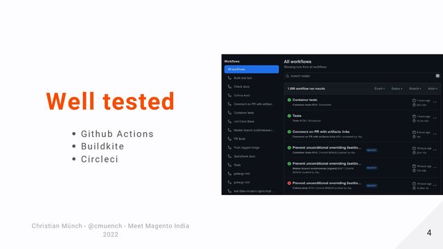 Well tested
Github Actions
Buildkite
Circleci
Christian Münch - @cmuench - Meet Magento India
Christian Münch - @cmuench - Meet Magento India
2022
2022 4
4
