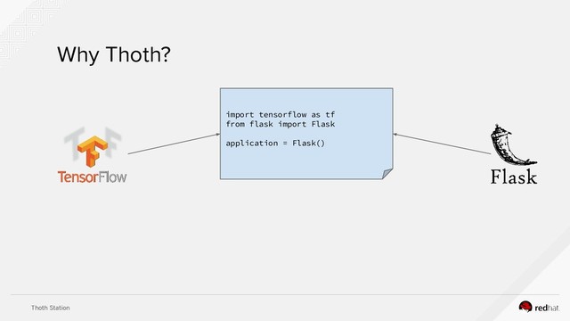 Thoth Station
Why Thoth?
import tensorflow as tf
from flask import Flask
application = Flask()
