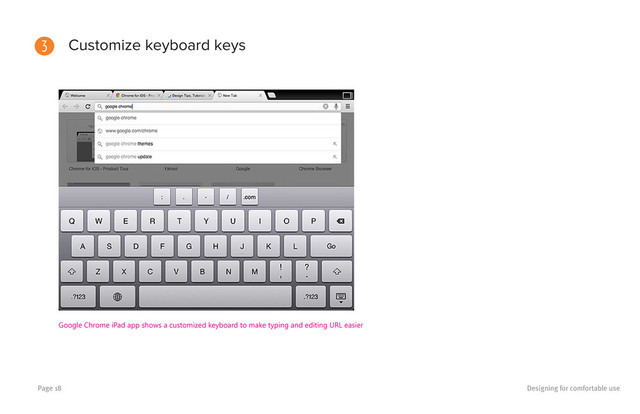Designing for comfortable use
Page 18
3 Customize keyboard keys
Google Chrome iPad app shows a customized keyboard to make typing and editing URL easier
