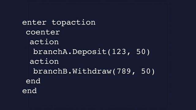 Branch B
Account 789: $250
Branch A
Account 123 : $100
Account 456: $50
SubAction: Deposit (123, 50)
Transfer Action
SubAction: Withdraw(789, 50)
Transfer
Deposit Withdraw
enter topaction
coenter
action
branchA.Deposit(123, 50)
action
branchB.Withdraw(789, 50)
end
end
